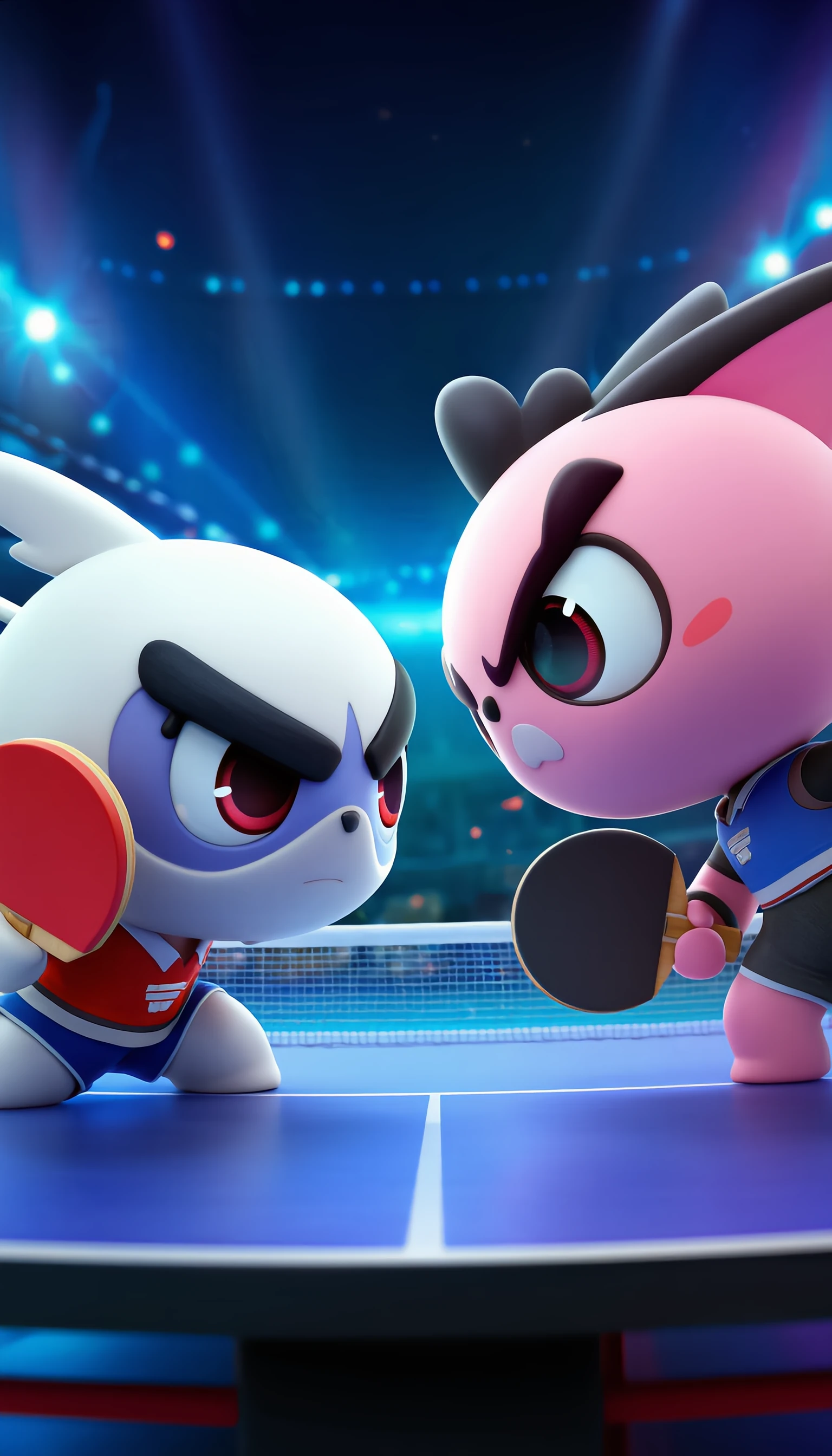Deux personnages 3D jouant au tennis de table dans un stade illuminé, univers PingCrew